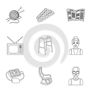Armchair, slippers, tonometer and other attributes of old age.Old age set collection icons in outline style vector