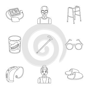 Armchair, slippers, tonometer and other attributes of old age.Old age set collection icons in outline style vector