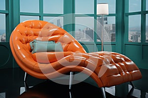 armchair or sofa in modern interior of hall, panoramic windows overlooking metropolis