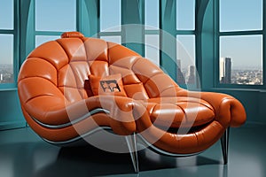 armchair or sofa in modern interior of hall, panoramic windows overlooking metropolis
