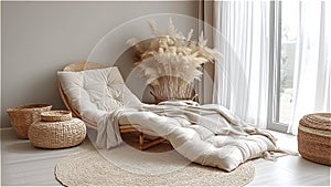 An armchair with a soft and comfortable mattress by the window in a bright room, natural materials.