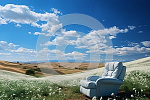 armchair surrounded by a beautiful landscape, summer season, field and sky, horizon over plain