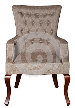 Armchair upholstered in textile fabric isolated on white background