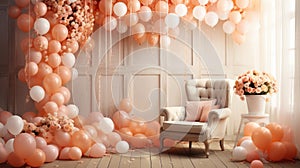 Armchair, white, orange and beige balloons in a bright interior in beige neutral tones. Beautiful photo zone in balloons