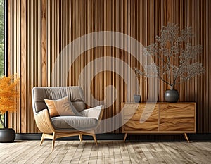 Armchair and wooden cabinet near wooden planks paneling wall. Loft interior design of modern