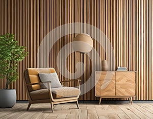 Armchair and wooden cabinet near wooden planks paneling wall. Loft interior design of modern