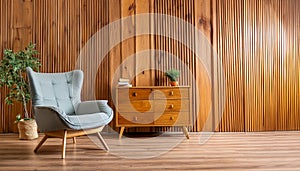 Armchair and wooden cabinet near wooden planks paneling wall. Loft interior design of modern