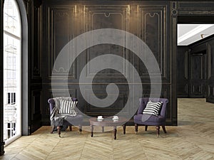 Armchairs and coffee table in classic black-gold interior.
