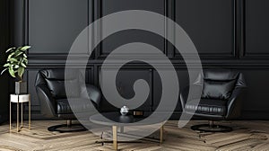 Armchairs and coffee table in classic black interior . Generative Ai