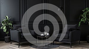 Armchairs and coffee table in classic black interior . Generative Ai