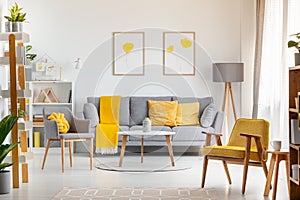 Armchairs and table in grey and yellow living room interior with