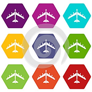 Armed fighter jet icon set color hexahedron