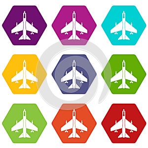 Armed fighter jet icon set color hexahedron