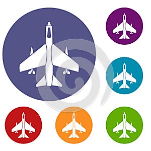 Armed fighter jet icons set