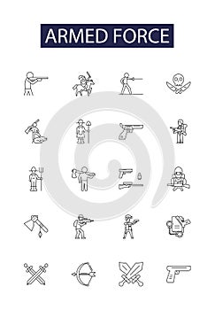 Armed force line vector icons and signs. Armies, Troops, Warriors, Soldiers, Regiment, Battalion, Brigades, Navy outline