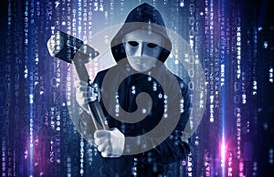 Armed hacker in cyber security cloud concept