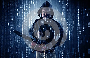 Armed hacker in cyber security cloud concept