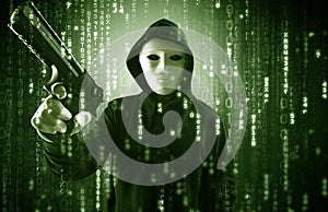 Armed hacker in cyber security cloud concept