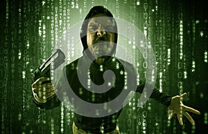 Armed hacker in cyber security cloud concept