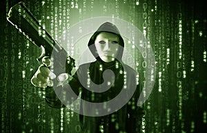 Armed hacker in cyber security cloud concept