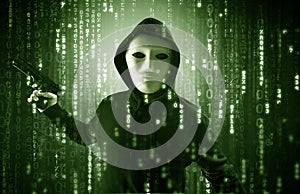 Armed hacker in cyber security cloud concept