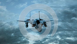 Armed military fighter jet in flight on the cloudly sky background - 3d render