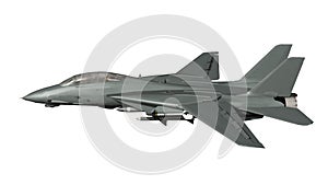 Armed military fighter jet in flight - isolated on white