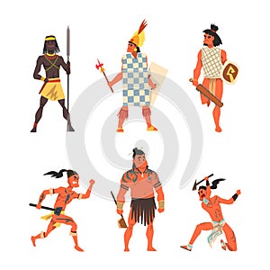 Armed Native People of African and American Aboriginal Tribes with Spear and Bludgeon Vector Set