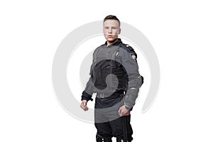 Armed police officer isolated on white background