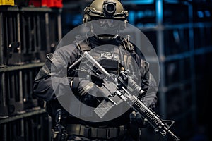 Armed soldier wearing helmet and camouflage with weapon. Generative AI