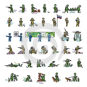 Armed soldiers in different action poses. Color vector illustration. Icon style set
