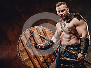 Armed with spear handsome viking in dark red background