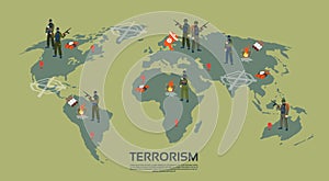 Armed Terrorist Group Over World Map Terrorism Concept