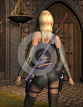 Armed young woman from behind