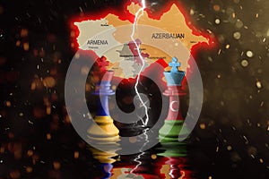 armenia and azerbaijan flags paint over on chess king. 3D illustration. armenia azerbaijan disputed territory map behind