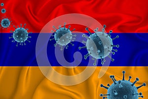 Armenia flag. Blue viral cells, pandemic influenza virus epidemic infection, coronavirus, infection concept. 3d-rendering