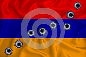 Armenia flag Close-up shot on waving background texture with bullet holes. The concept of design solutions. 3d rendering