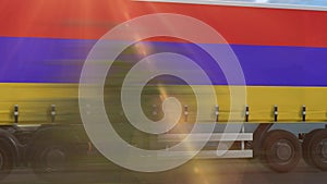 Armenia flag shown on the side of a large truck