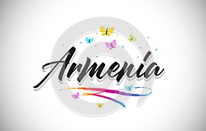 Armenia Handwritten Vector Word Text with Butterflies and Colorful Swoosh