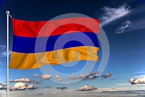 Armenia national flag waving in the wind against deep blue sky.  International relations concept photo