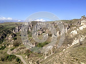 Armenian tourist attraction Khndzoresk, Canyon, picturesque rock formations, ancient cave settlement