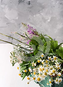 Armful of fresh medicinal plants in a box on the table