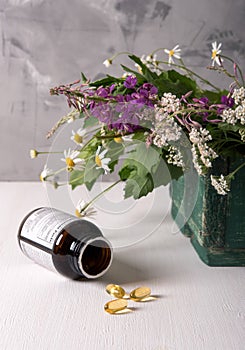 Armful of fresh medicinal plants in a box on the table and yellow pills