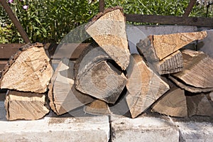 An armful of wood prepared for a campfire in a country house.