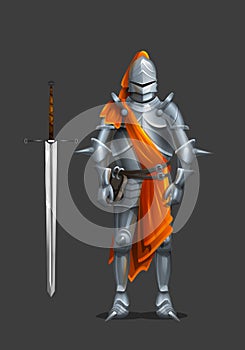 Armor ancient knight with a sword and orange cloth.