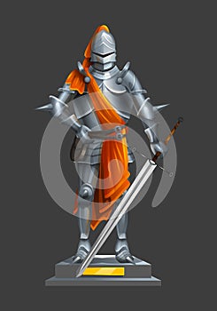 Armor ancient knight with a sword and orange cloth on a pedestal.