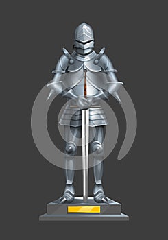 Armor ancient knight with a sword on a pedestal.