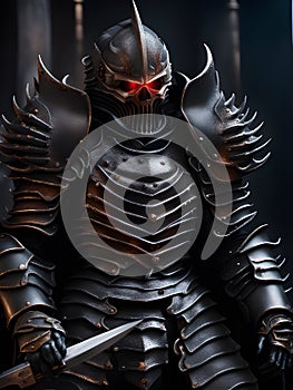 armor in armor with helmet and shield on a black background