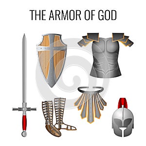 Armor of God elements set isolated on white. Vector