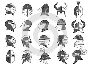 Armor helmets. Medieval ancient clothes for protected head warriors recent vector stylized illustrations